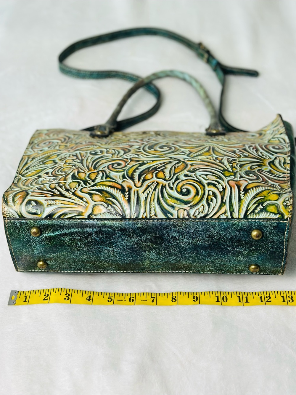 Patricia Nash Turquoise Hand-Tooled Floral Leather Tote Bag - Picture 9 of 12